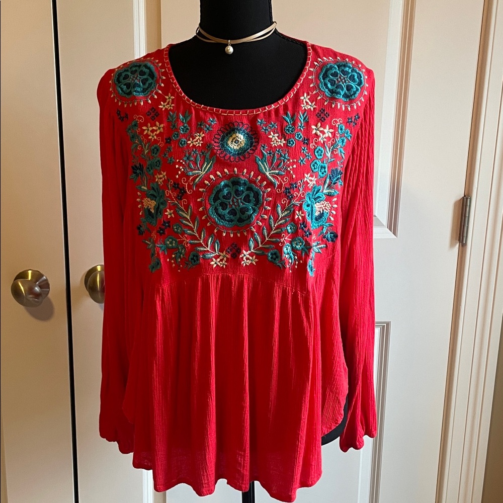 Altar'd State Red Blouse with Embroidery Size Medium